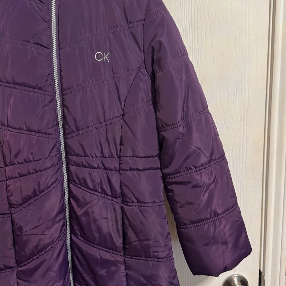 Calvin Klein Girls‎ Large 12/14 Ariel Puffer Coat Purple Full Zip Faux Fur Hood